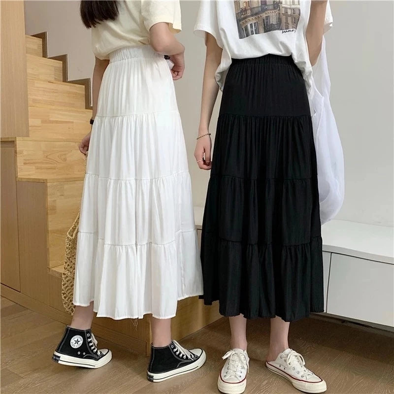High Waist Elastic Patchwork Long A-line Skirt