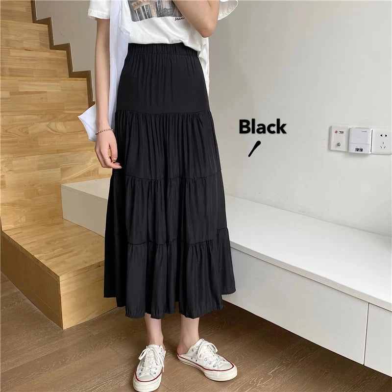 High Waist Elastic Patchwork Long A-line Skirt