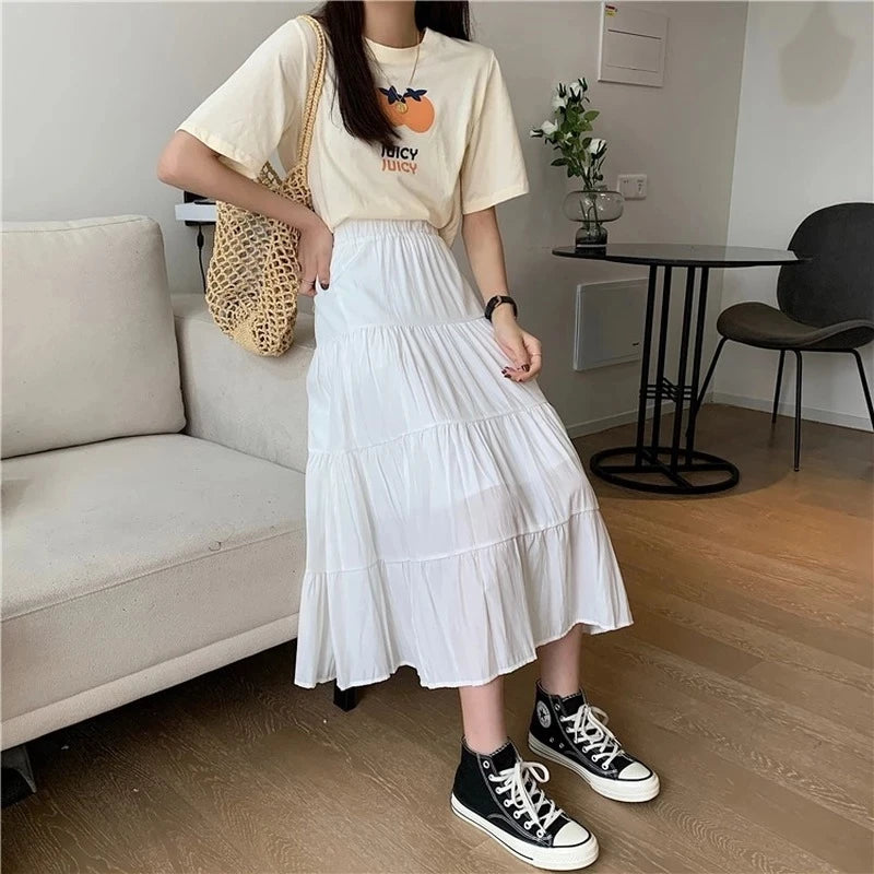 High Waist Elastic Patchwork Long A-line Skirt