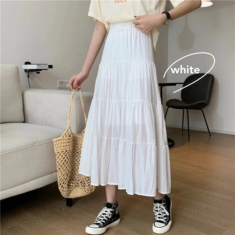 High Waist Elastic Patchwork Long A-line Skirt