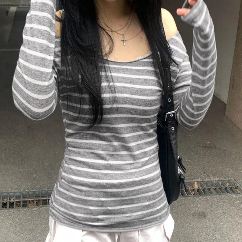 Slim Long-Sleeved Striped Tops