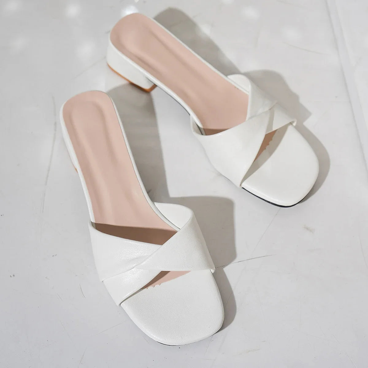Open Toe Leather Surface Square Heels