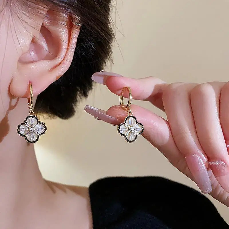 Gold-Plated Copper Zircon Four-Leaf Clover Dangle Earrings