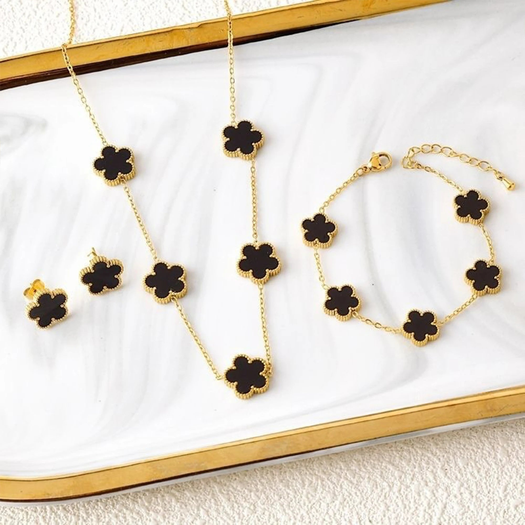 18k Gold-Plated Five-Leaf Flower Necklace Earrings Bracelet