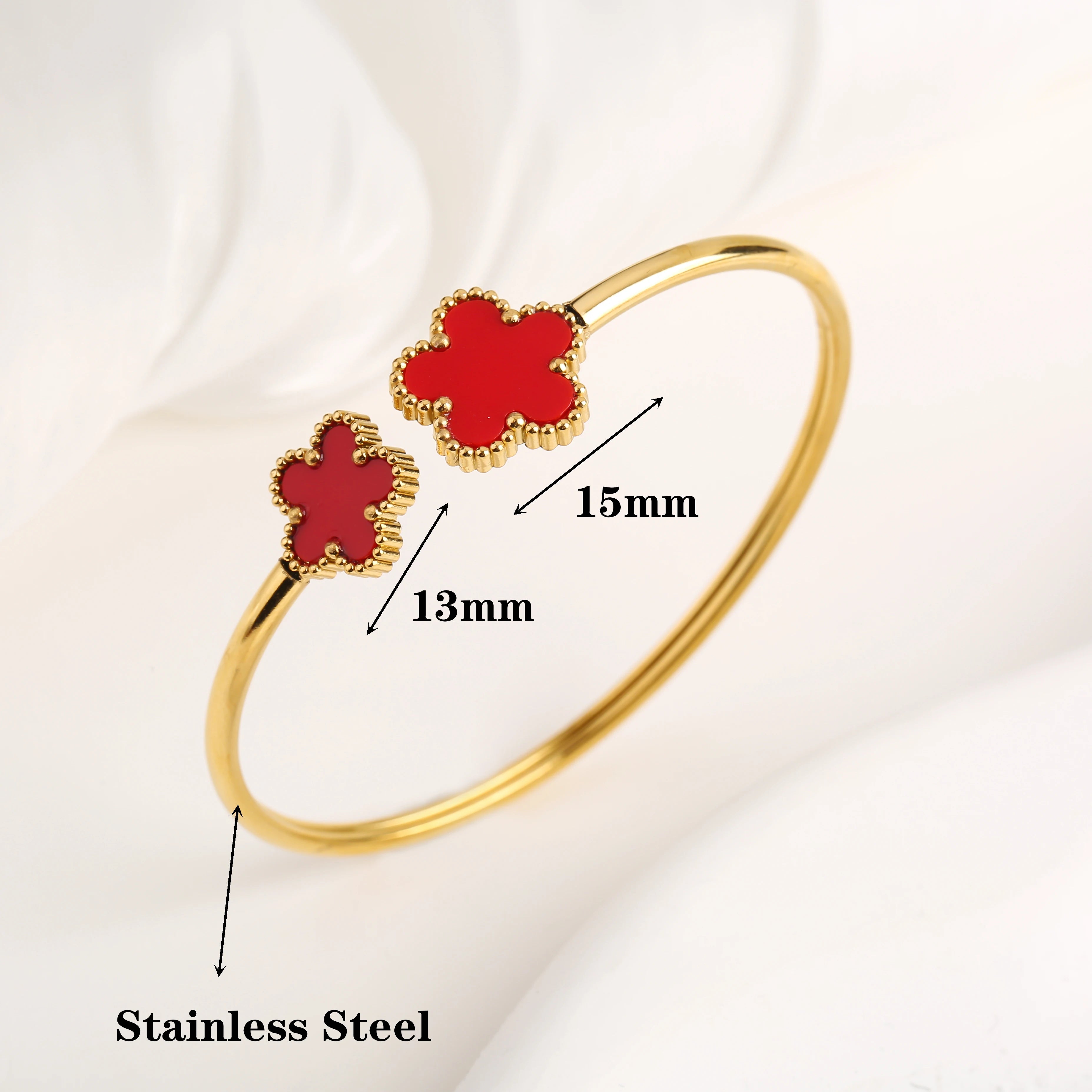 Adjustable Stainless Steel Gold-Plated Five-Leaf Flower Open Bangle