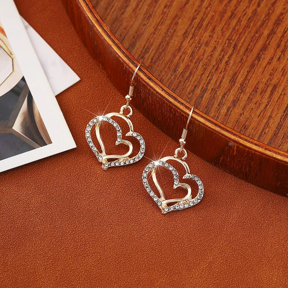 3 PCS Hollow Double Heart Rhinestone Pendant Necklace And Earring Jewelry Set