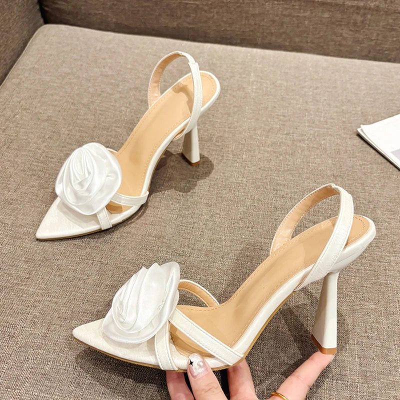 Silk Rose Flowers Pointed Open Toe Back Strap Sandals