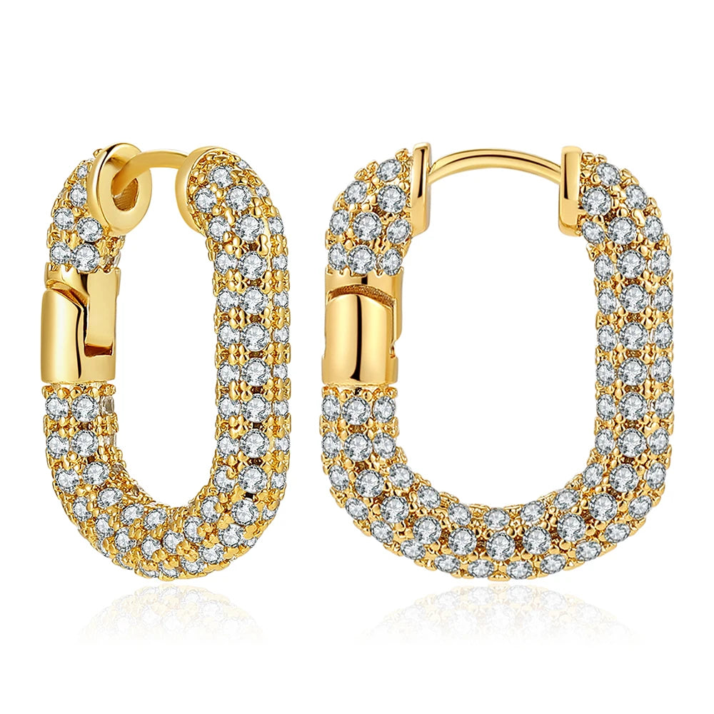Zircon Round Buckle Hoop Earrings Gold Plated Stainless Steel