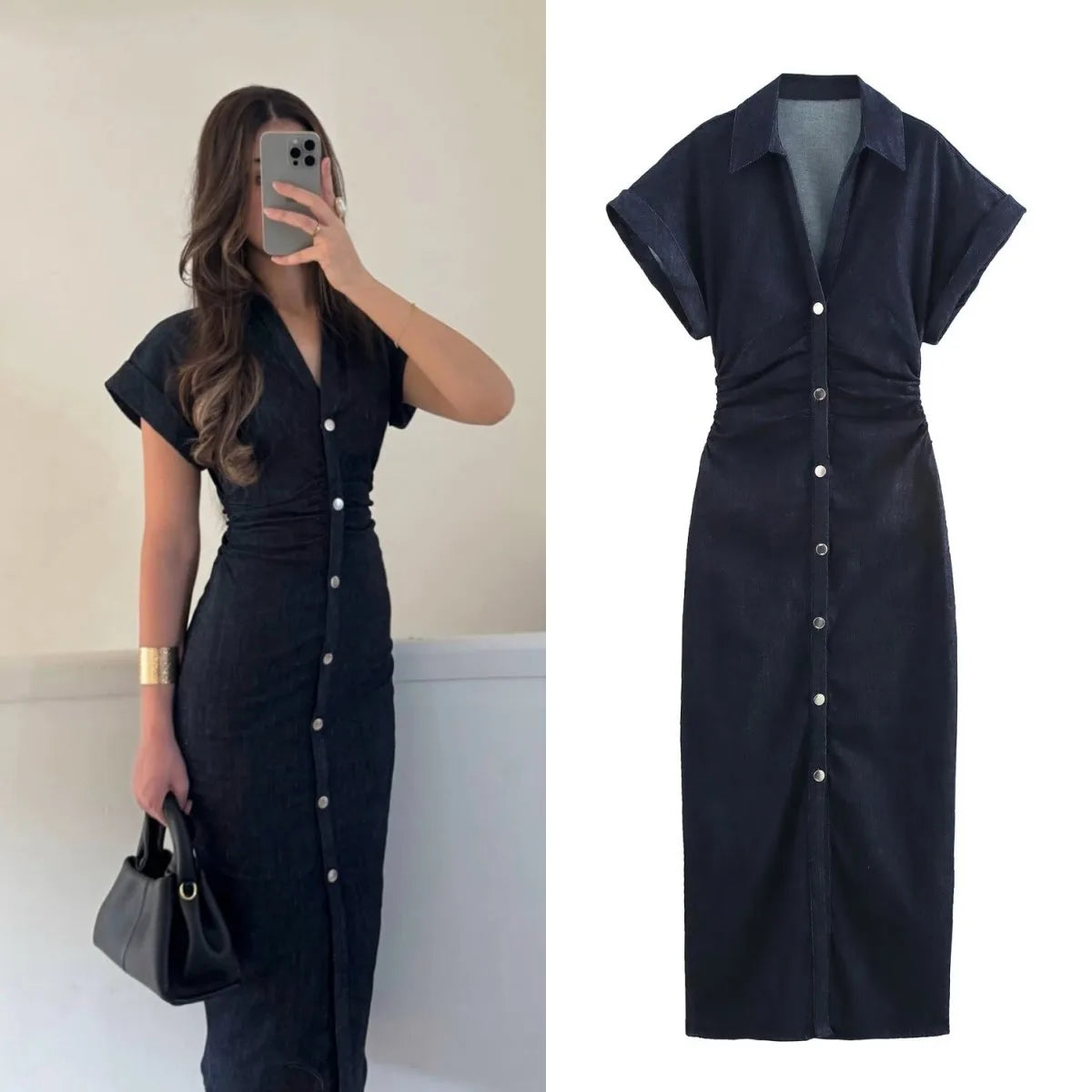 Denim Midi Dress Button-Up
