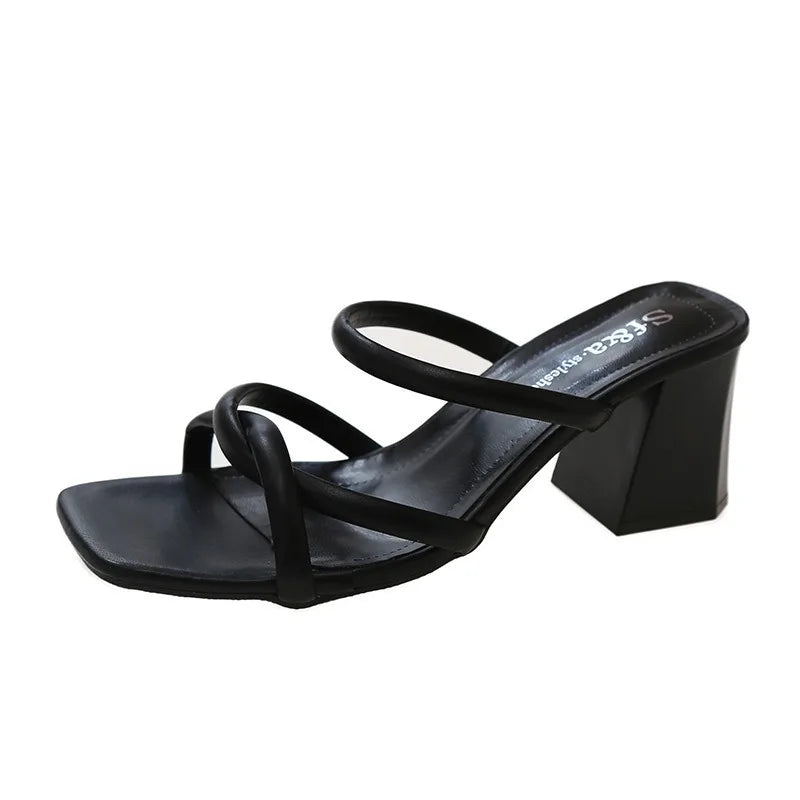 Bare Toed Square Head Mid-heels