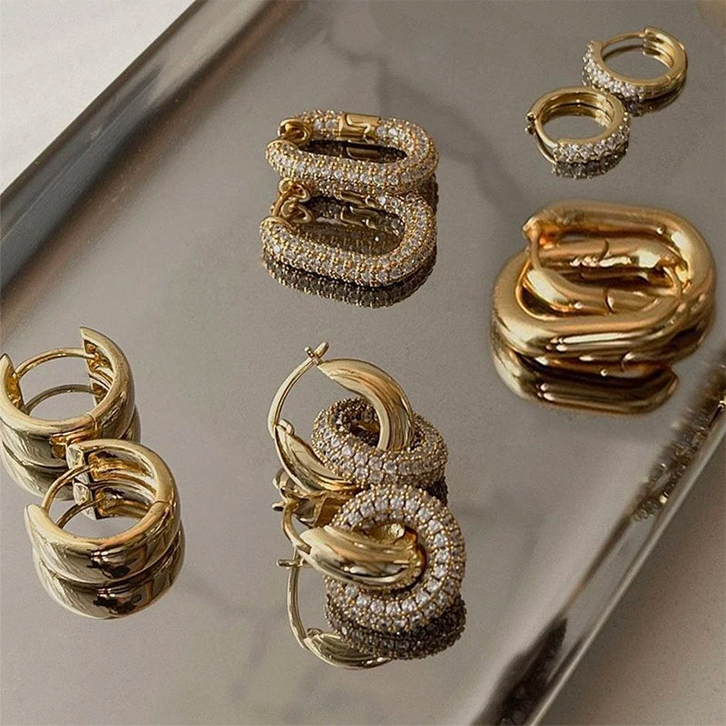 Zircon Round Buckle Hoop Earrings Gold Plated Stainless Steel