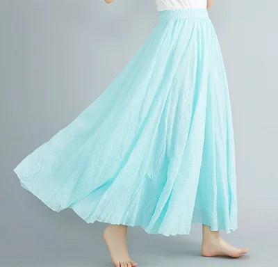 Cotton Linen Dress Elastic Waist A-line Long Skirts