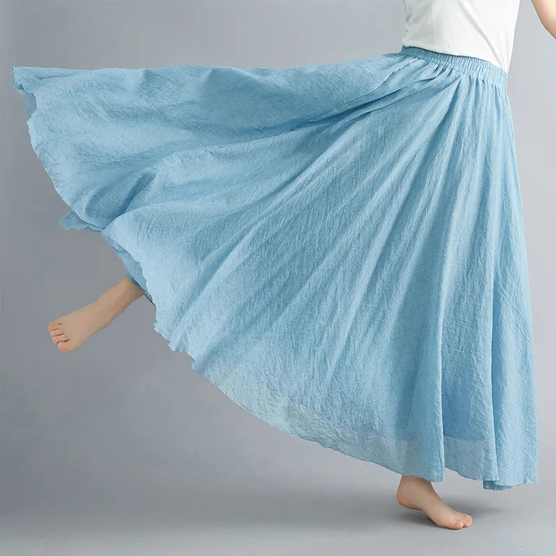 Cotton Linen Dress Elastic Waist A-line Long Skirts