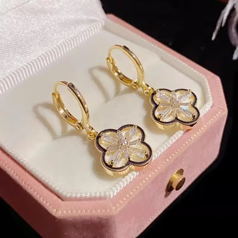 Gold-Plated Copper Zircon Four-Leaf Clover Dangle Earrings