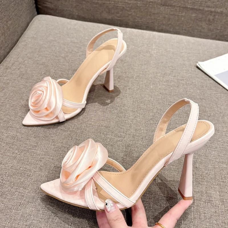 Silk Rose Flowers Pointed Open Toe Back Strap Sandals