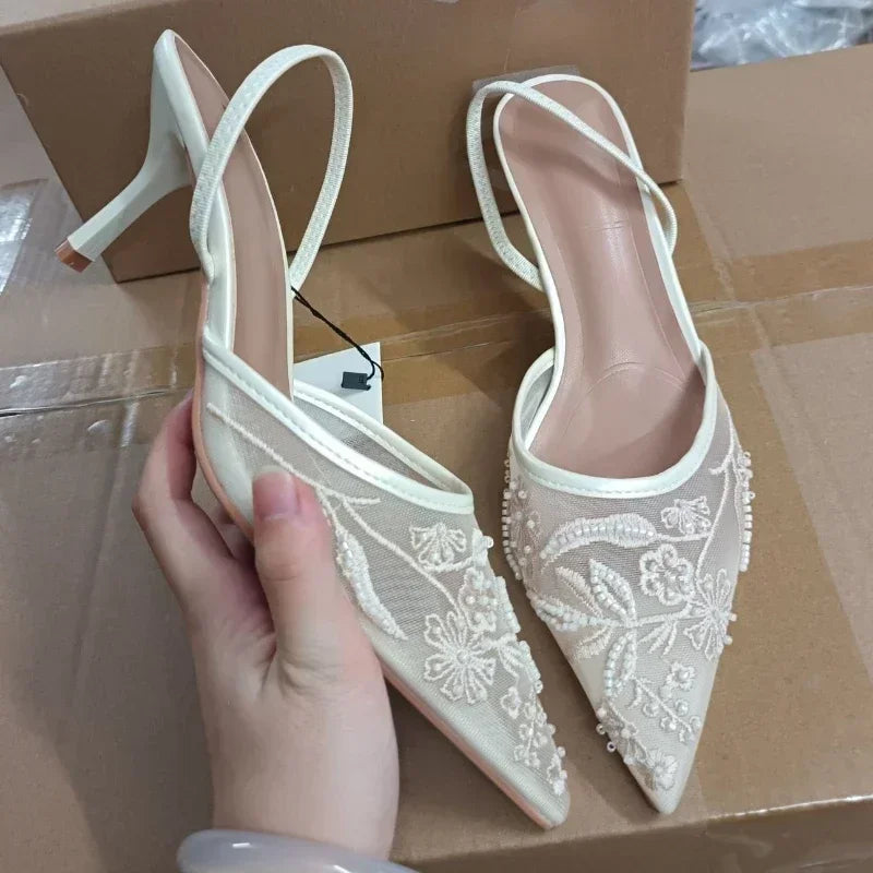 Embroidered String Bead Slingback Heels