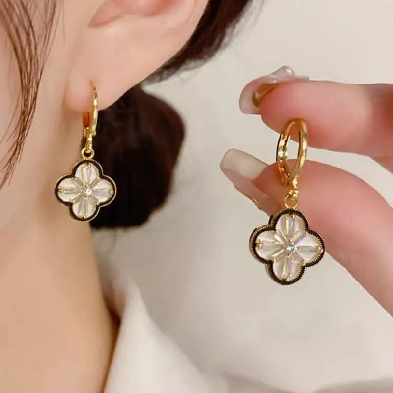 Gold-Plated Copper Zircon Four-Leaf Clover Dangle Earrings