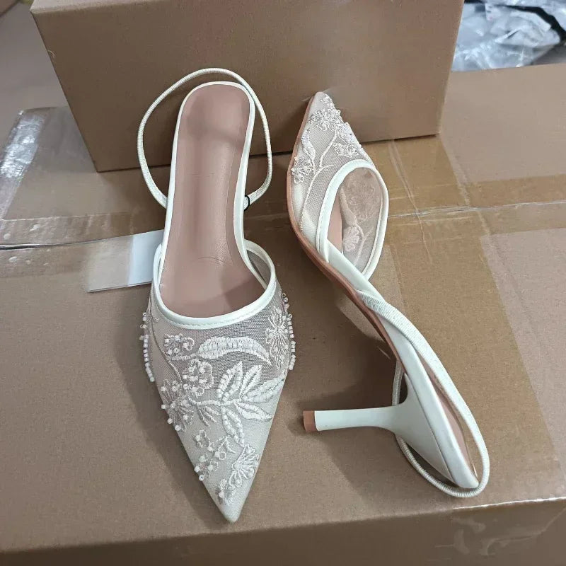 Embroidered String Bead Slingback Heels