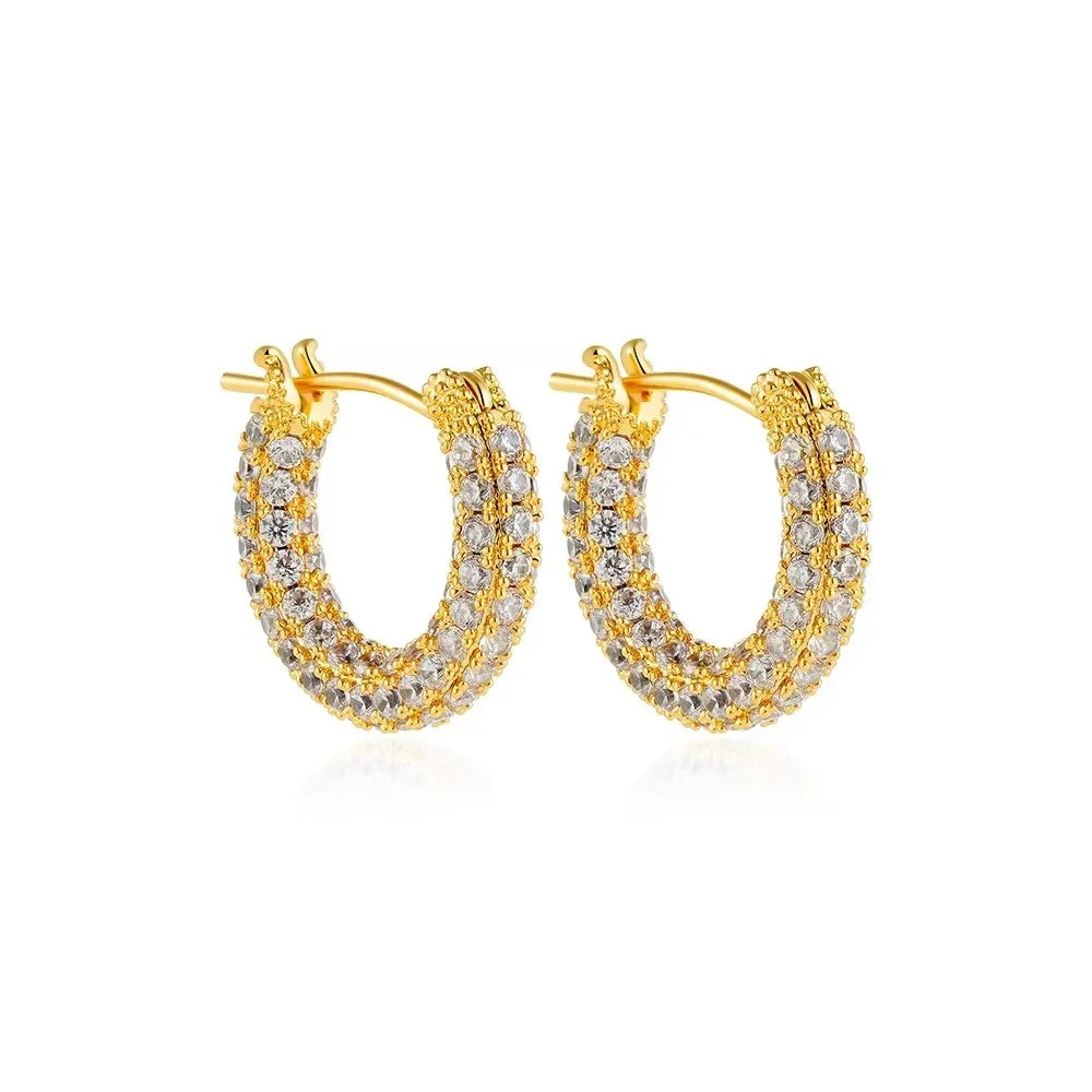 Zircon Round Buckle Hoop Earrings Gold Plated Stainless Steel