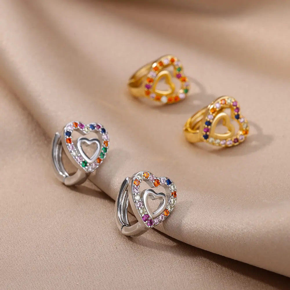 Stainless Steel Hollow Zircon Heart Earrings