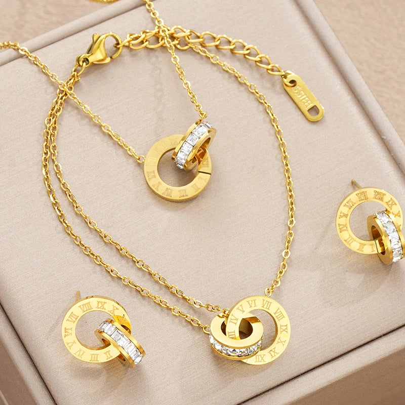 4Pcs/Set Gold Stainless Steel Crystal Necklace Bracelet Earrings