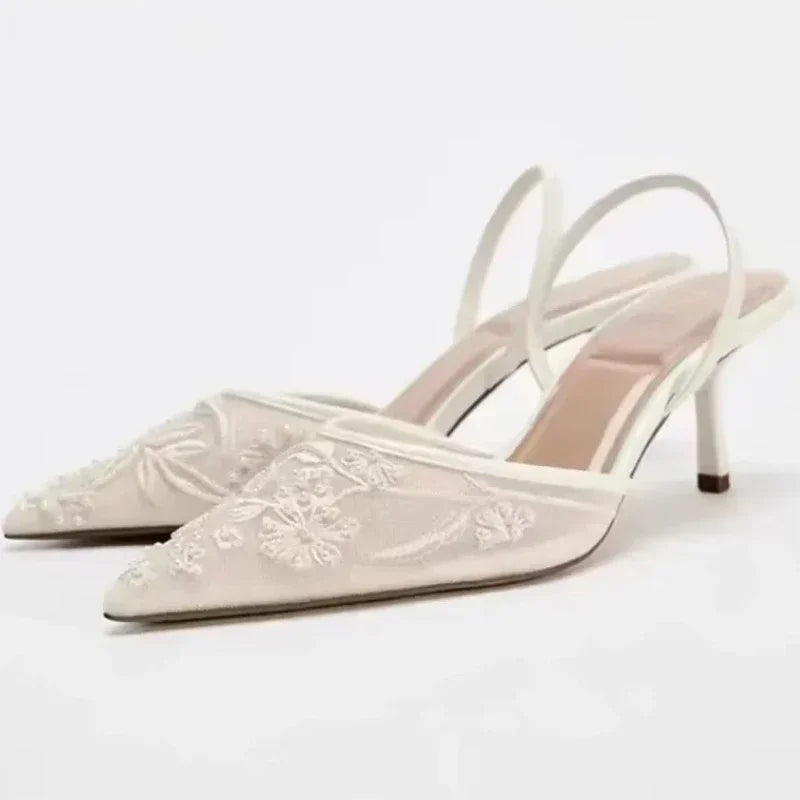 Embroidered String Bead Slingback Heels