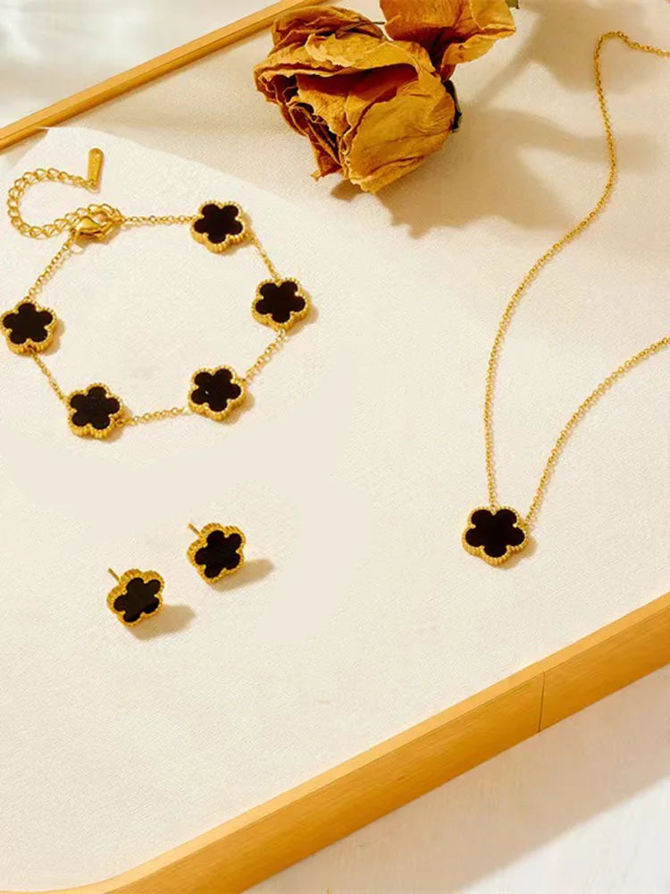 3 Pieces Stainless Steel Five Leaf Necklace, Bracelet, Earrings Set