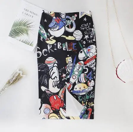 High Waist Cartoon Print Slim Skirts