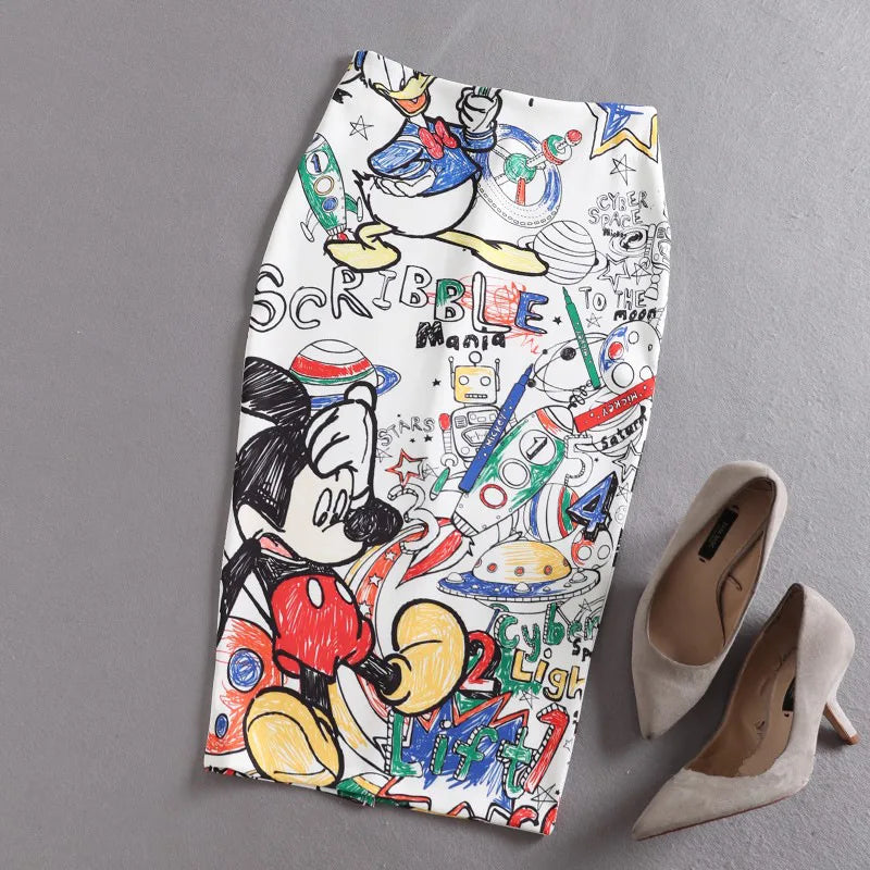 High Waist Cartoon Print Slim Skirts