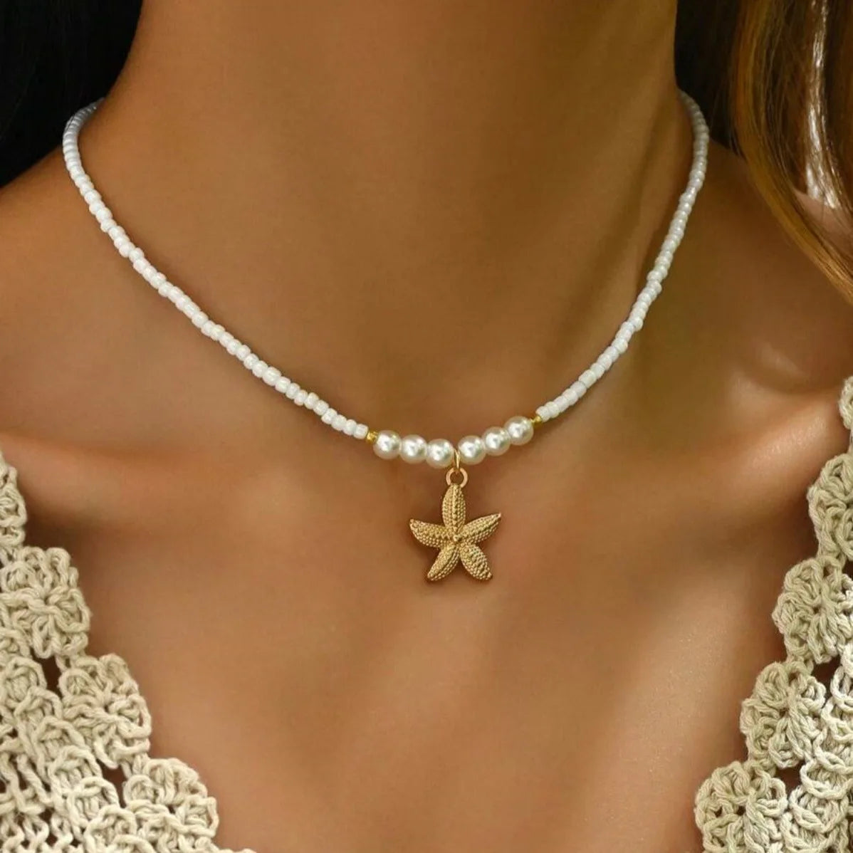 Rice Beads Starfish Pendant Necklace
