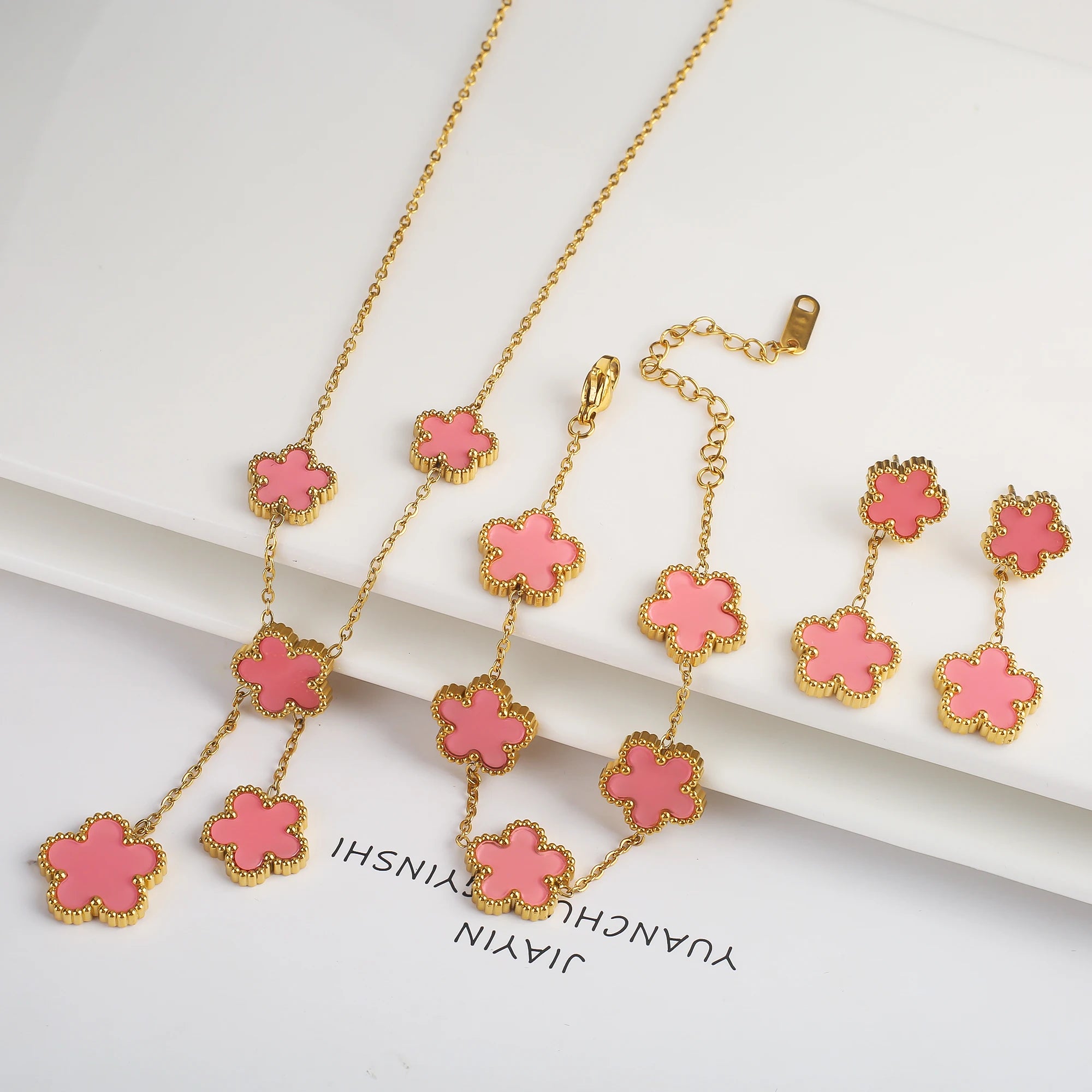 18k Gold-Plated Five-Leaf Flower Necklace Earrings Bracelet