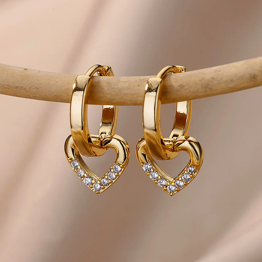 Stainless Steel Hollow Zircon Heart Earrings