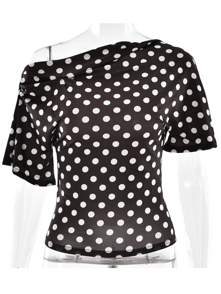 One Shoulder Print Polka Dot T-shirt