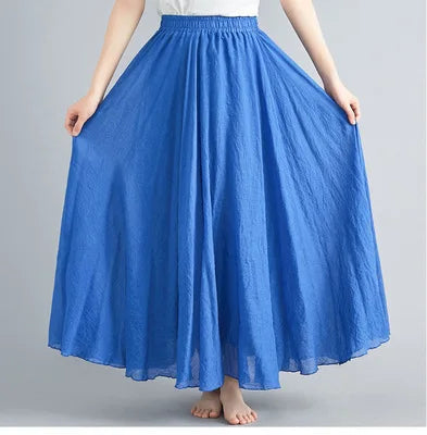 Cotton Linen Dress Elastic Waist A-line Long Skirts