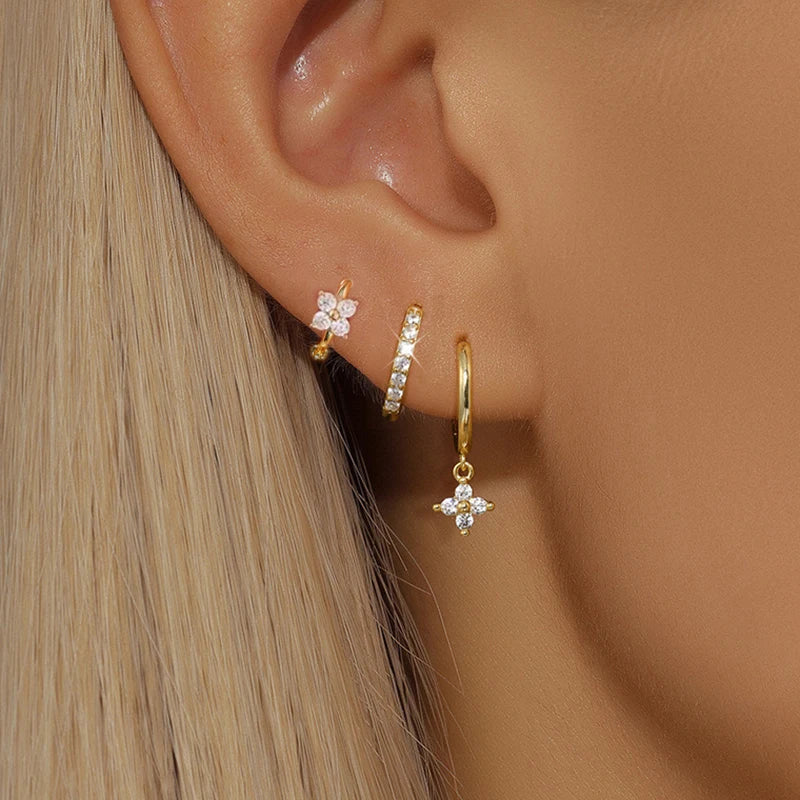 3PCS Stainless Steel Flower Drop Earring Set