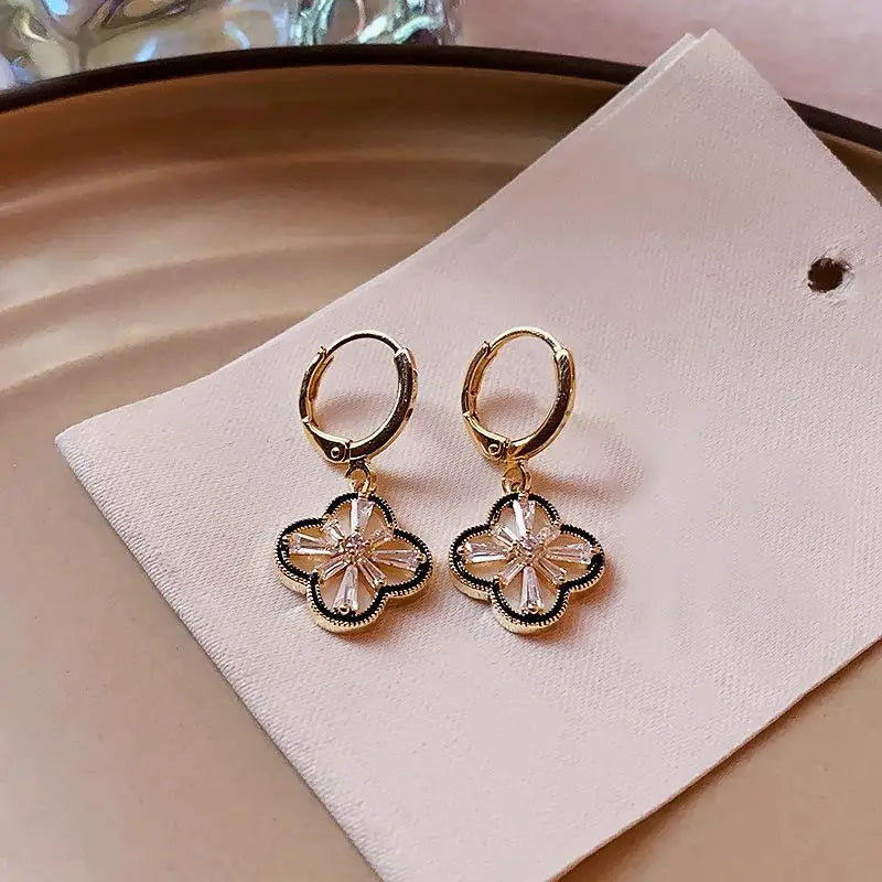 Gold-Plated Copper Zircon Four-Leaf Clover Dangle Earrings