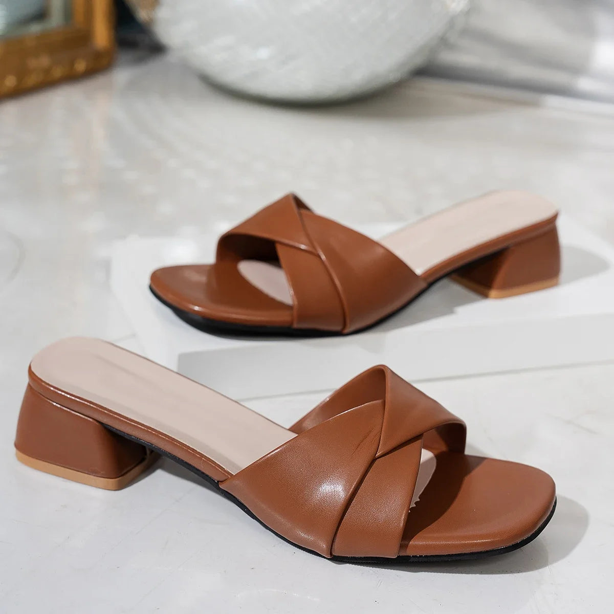 Open Toe Leather Surface Square Heels