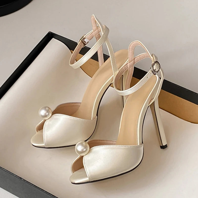 Silk Peep Toe Pearl with Ankle Strap thin Heels