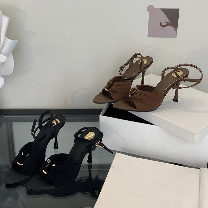 Pleated Metal Buckle Strap Sandals
