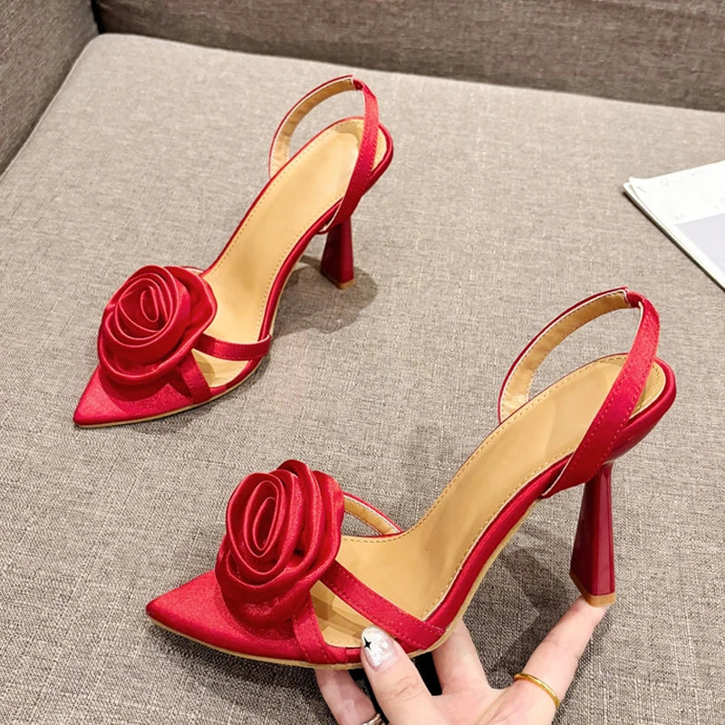 Silk Rose Flowers Pointed Open Toe Back Strap Sandals