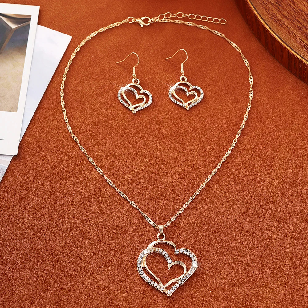 3 PCS Hollow Double Heart Rhinestone Pendant Necklace And Earring Jewelry Set