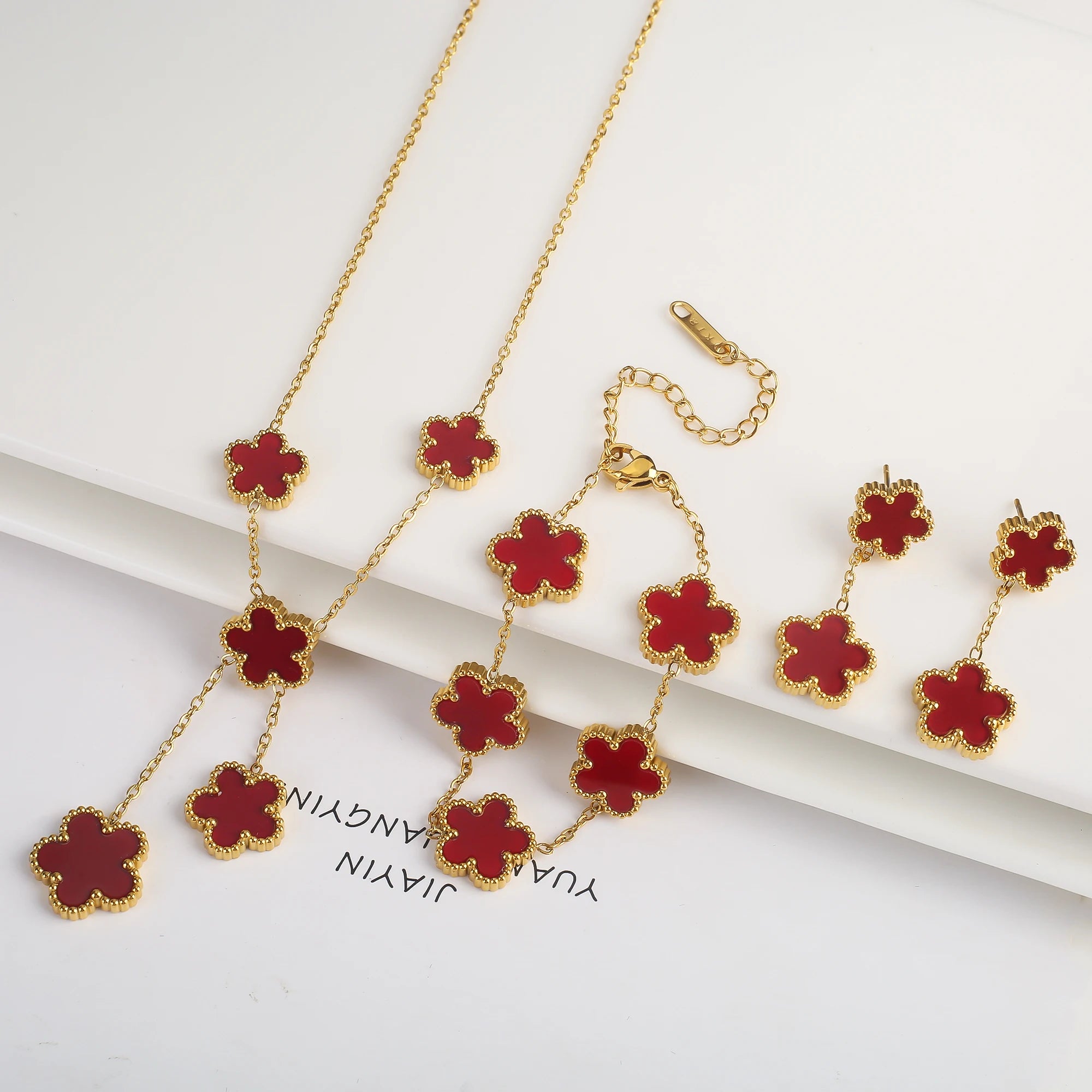 18k Gold-Plated Five-Leaf Flower Necklace Earrings Bracelet