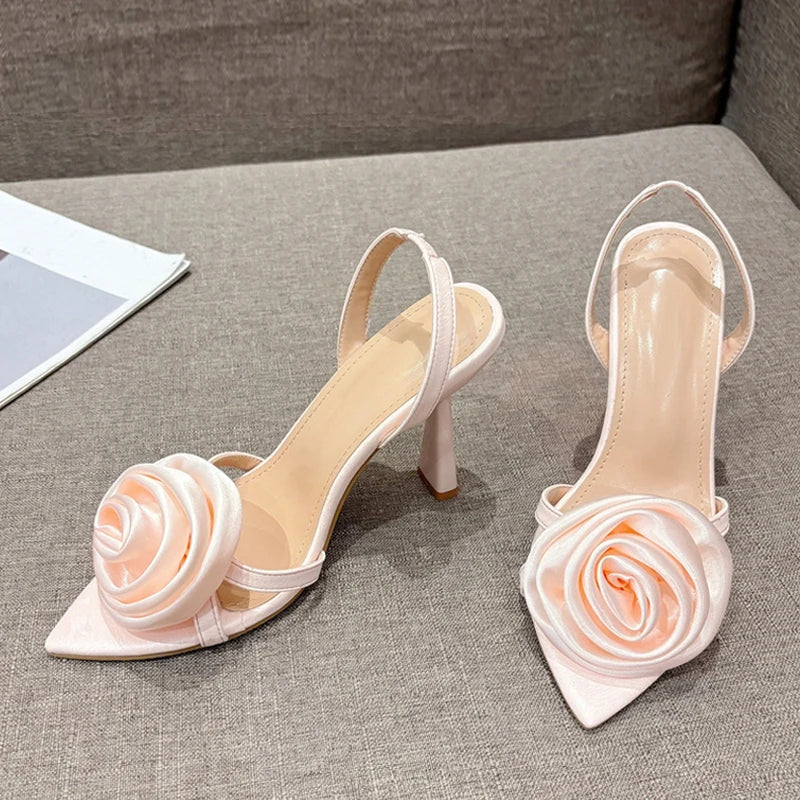 Silk Rose Flowers Pointed Open Toe Back Strap Sandals