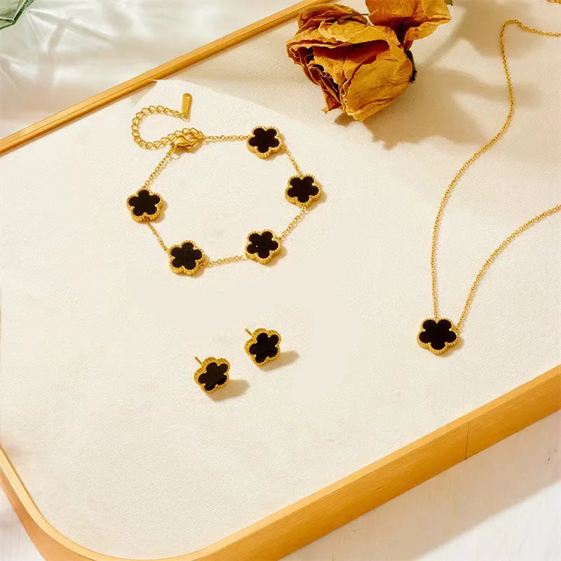 3 Pieces Stainless Steel Five Leaf Necklace, Bracelet, Earrings Set
