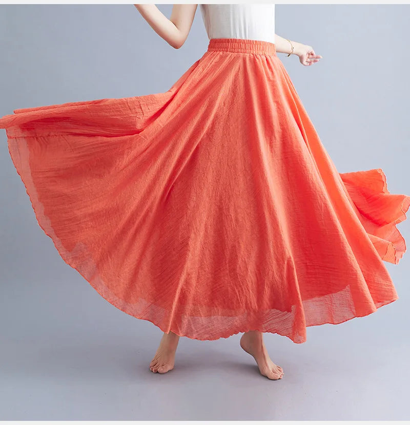 Cotton Linen Dress Elastic Waist A-line Long Skirts