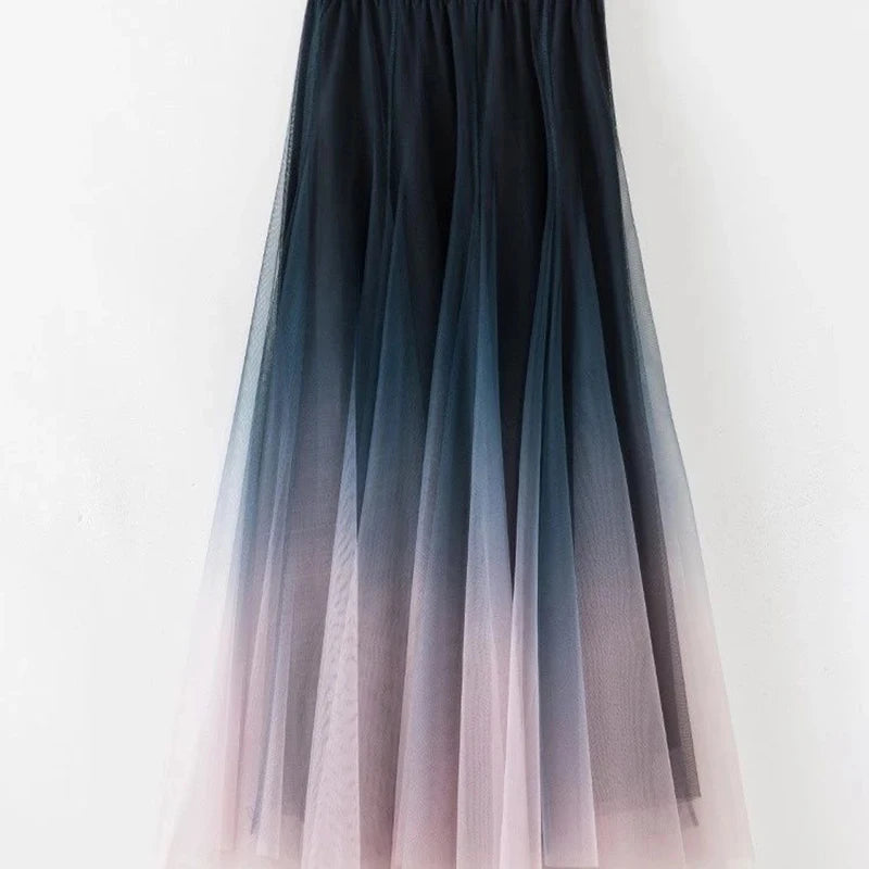 High Waist Gradient Mesh Pleated Midi Skirts
