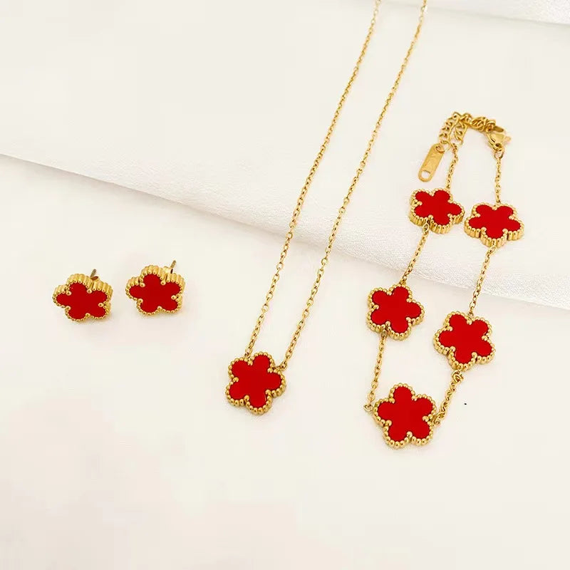 3 Pieces Stainless Steel Five Leaf Necklace, Bracelet, Earrings Set