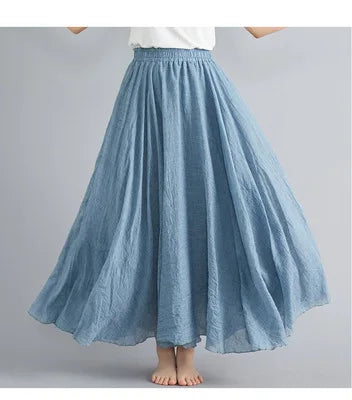 Cotton Linen Dress Elastic Waist A-line Long Skirts