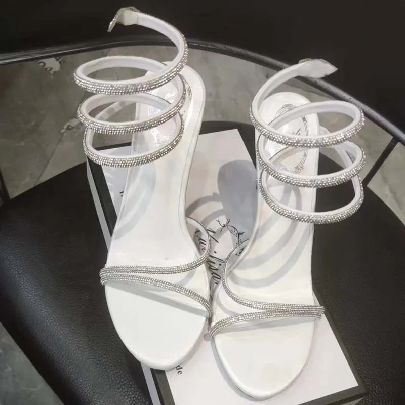 Crystal Diamond Ankle Strap With Open Toe Thin High Heels