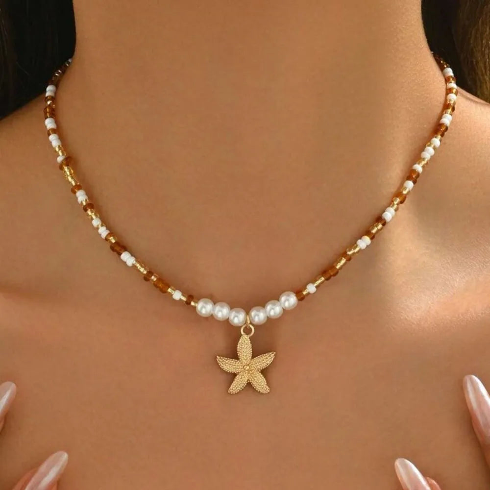 Rice Beads Starfish Pendant Necklace